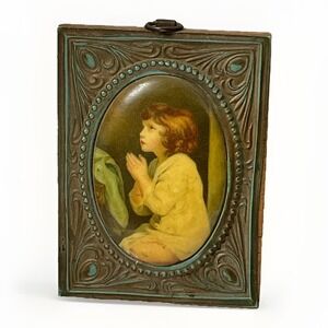 Vintage Miniature Artwork The Infant Samuel Praying Child On Metal 4" Hanging